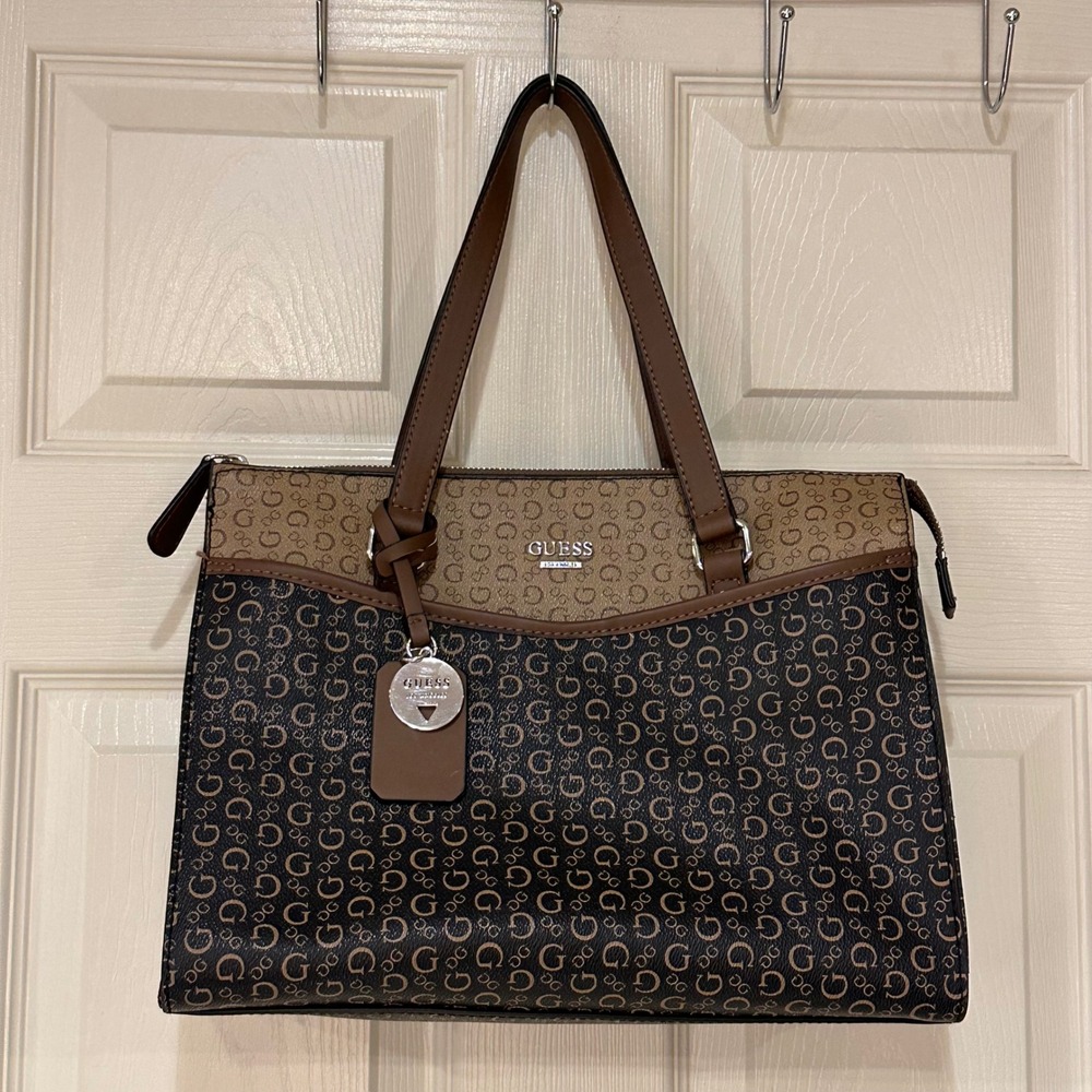 Guess Los Angeles Brown Monogram Logo Tote Bag Handbag Brown Tan